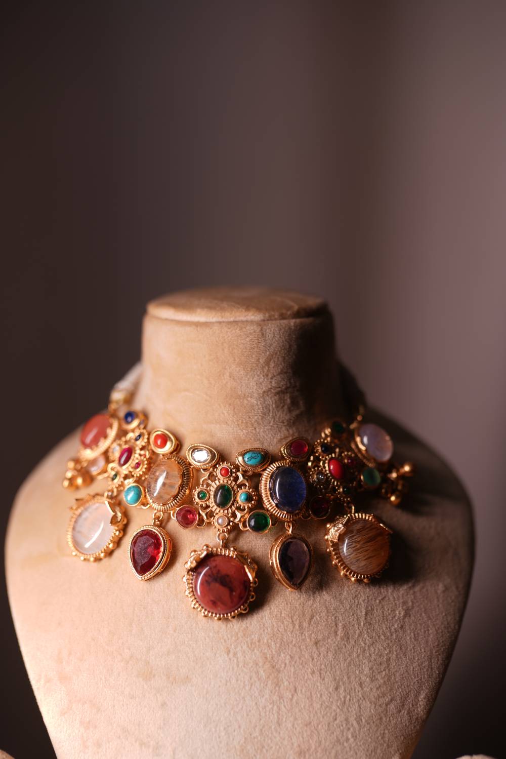 Antique gold gemstone choker necklace with ruby and emerald accents