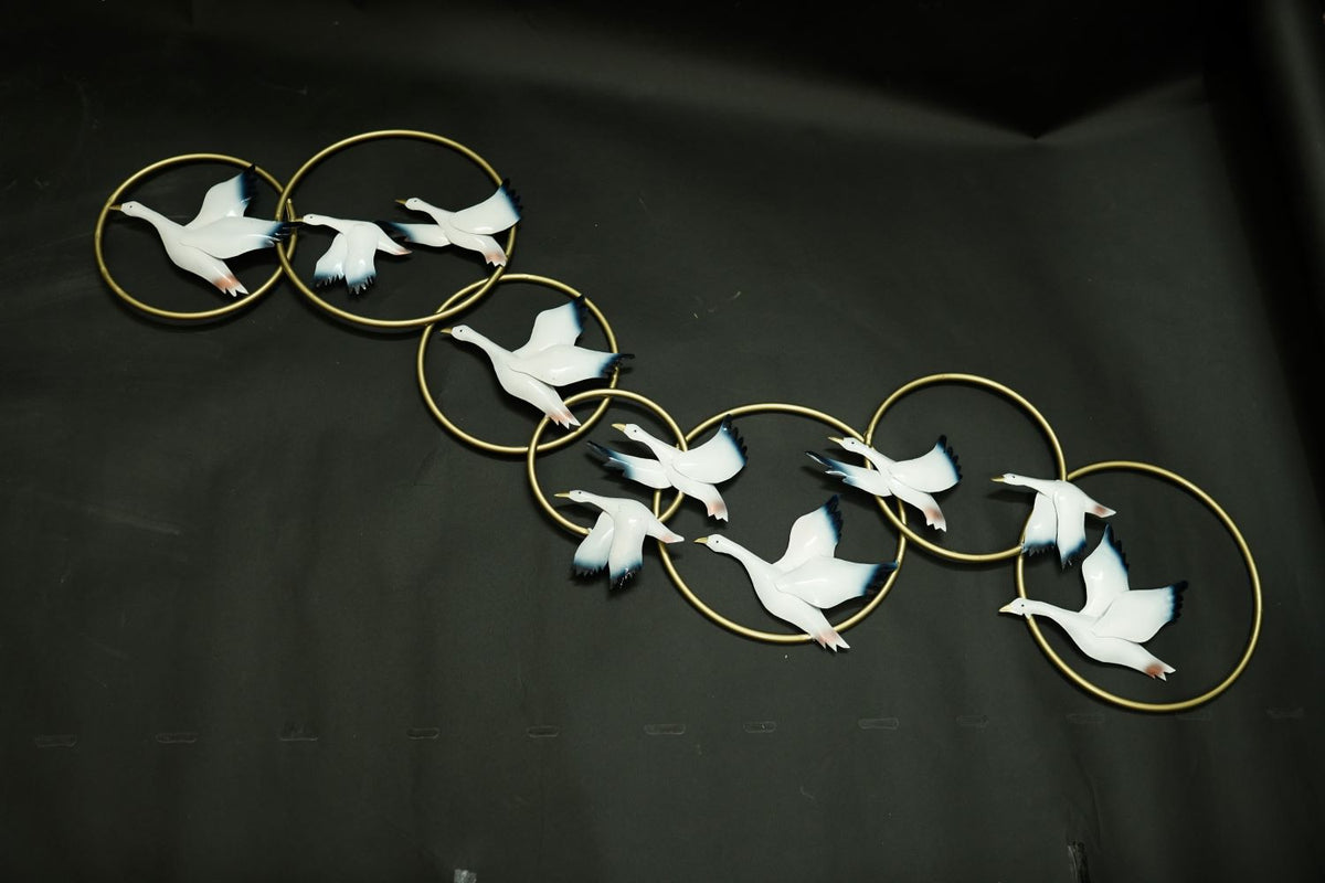 Multicolour Flying Birds with Golden Rings Wall Décor