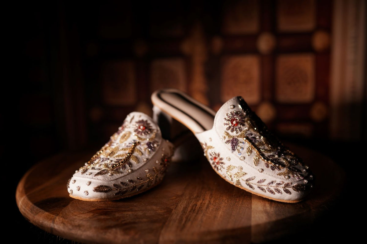 Embellished White Bridal Mules