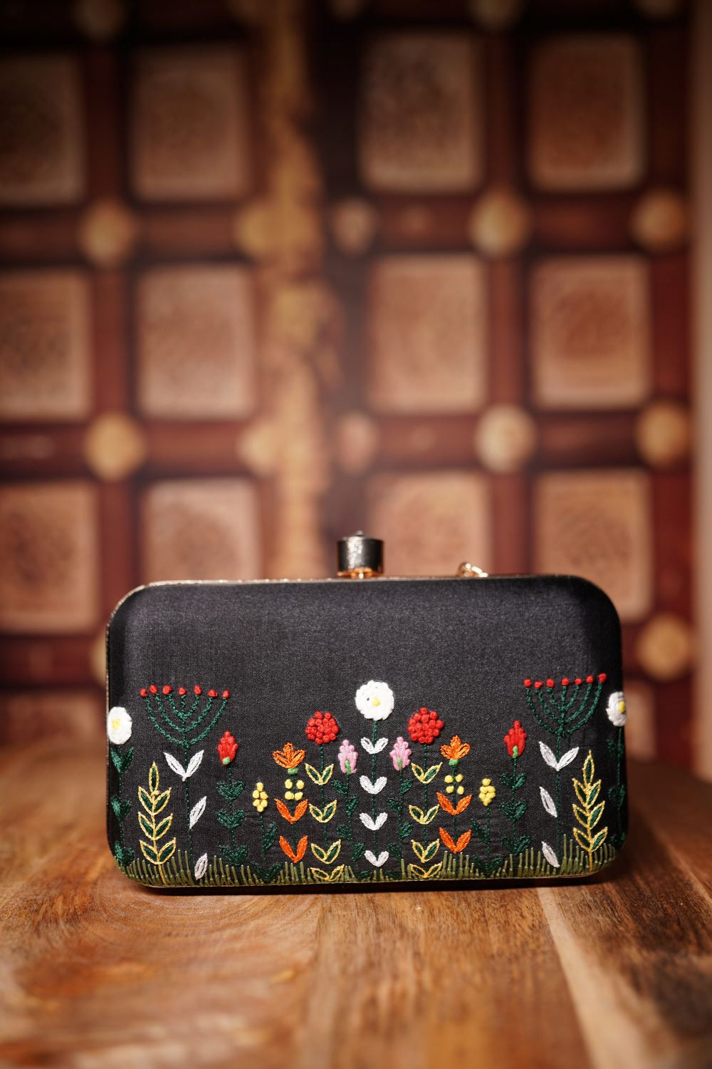 Black Floral Embroidered Box Clutch