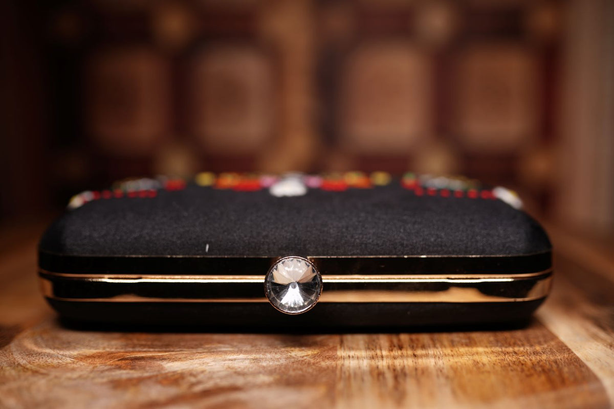 Black Floral Embroidered Box Clutch