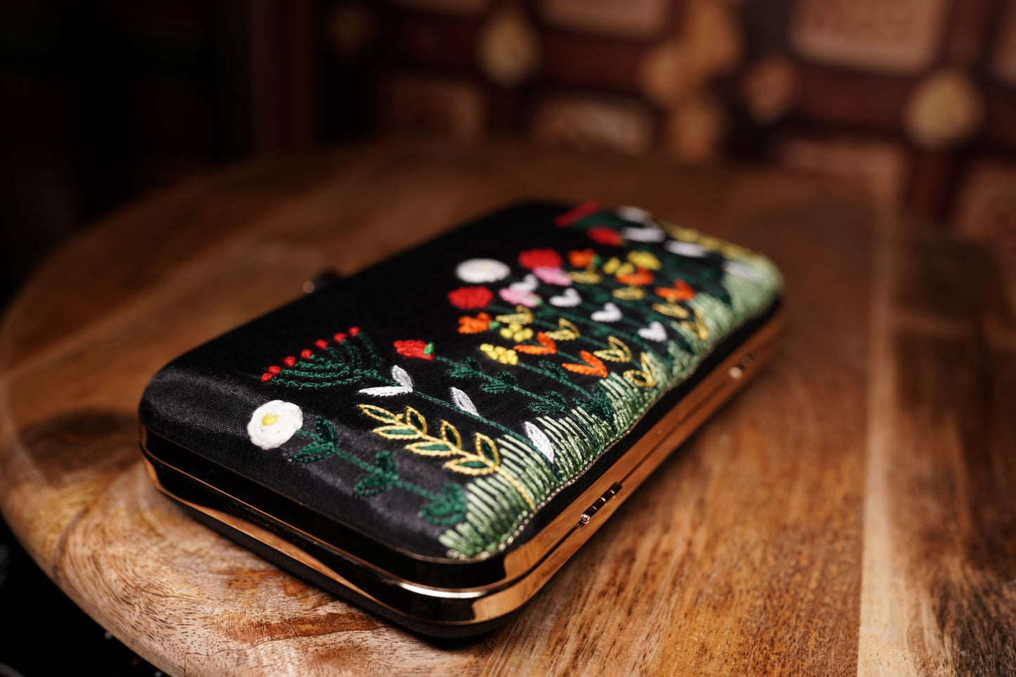 Black Floral Embroidered Box Clutch