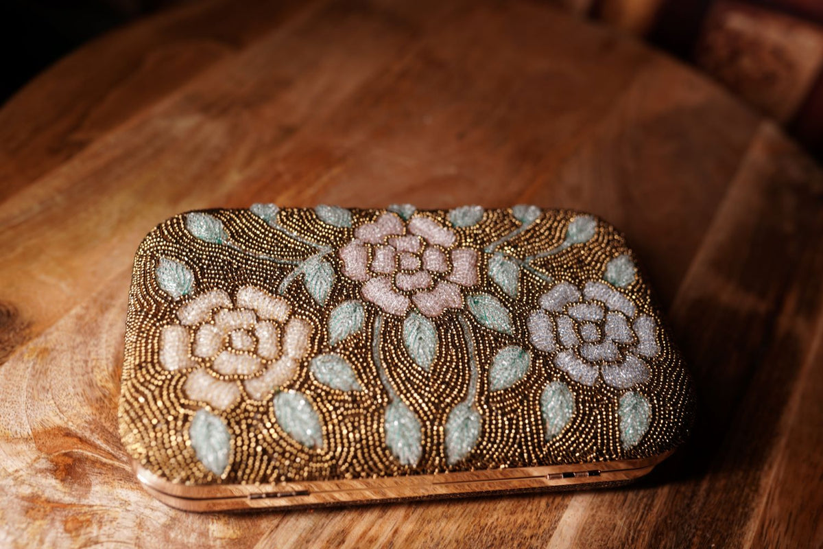 Beaded Floral Clutch - Gold Pastel