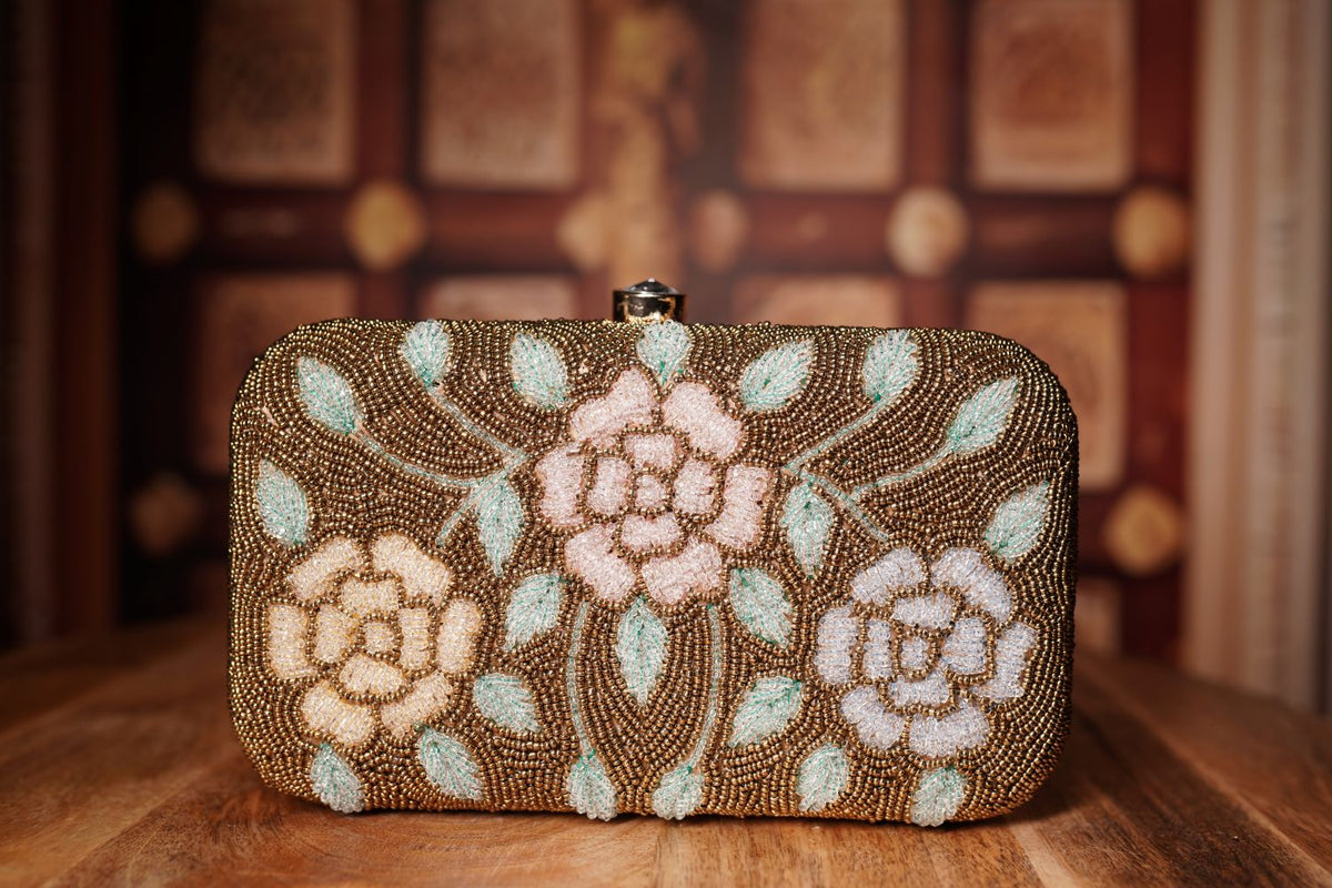 Beaded Floral Clutch - Gold Pastel