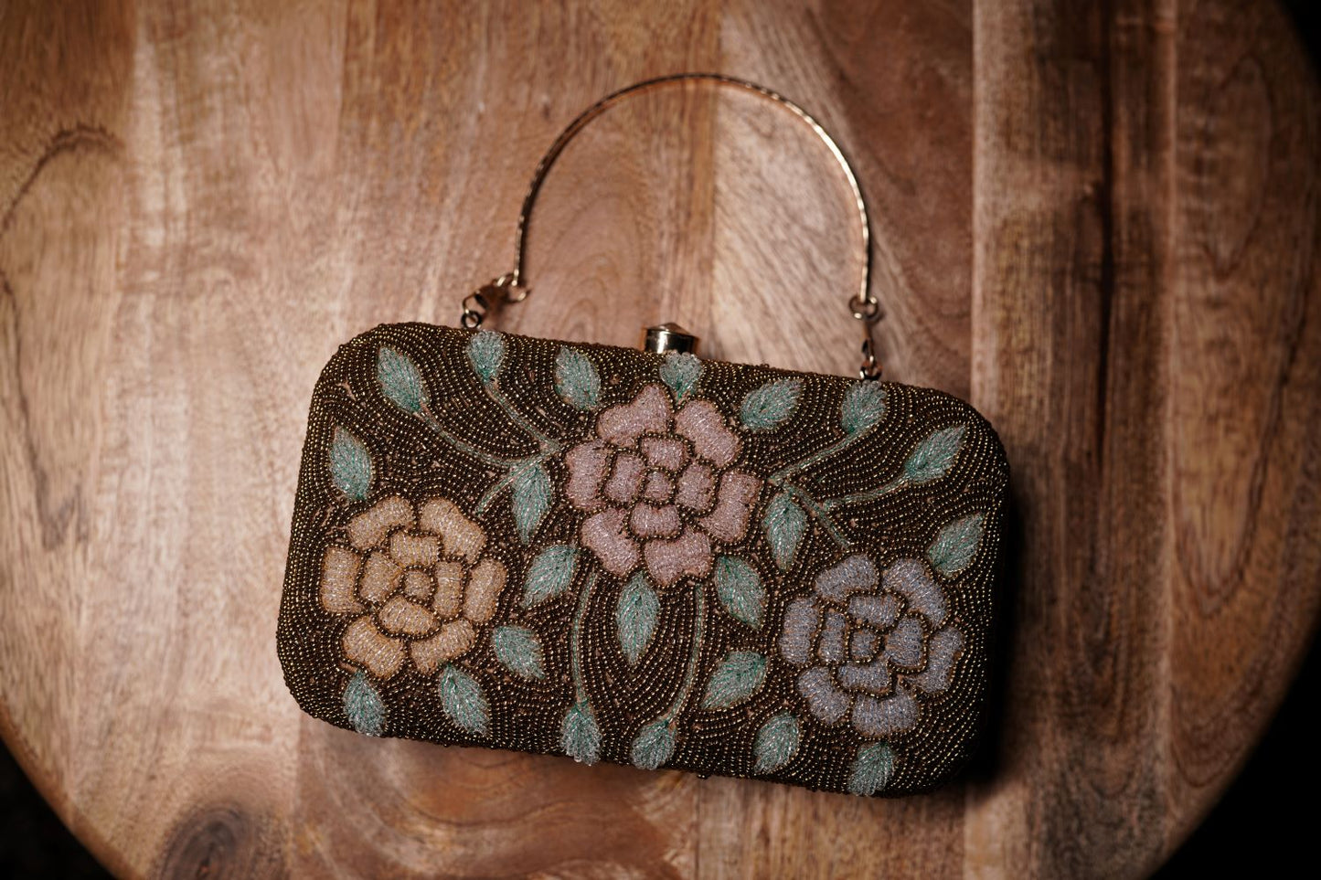 Beaded Floral Clutch - Gold Pastel