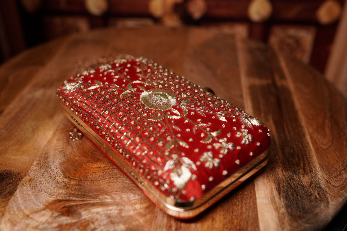 Red Zardozi Box Clutch
