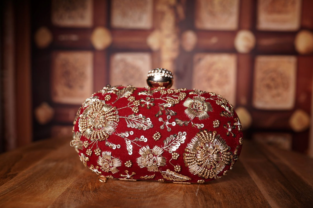 Red Embroidered Clutch with Gold Zari