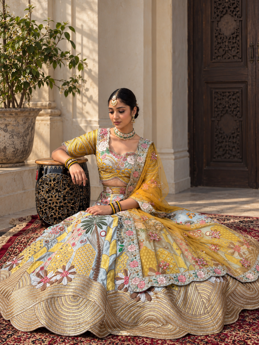 Antique Gold Floral Embroidered Bridal Lehenga Set
