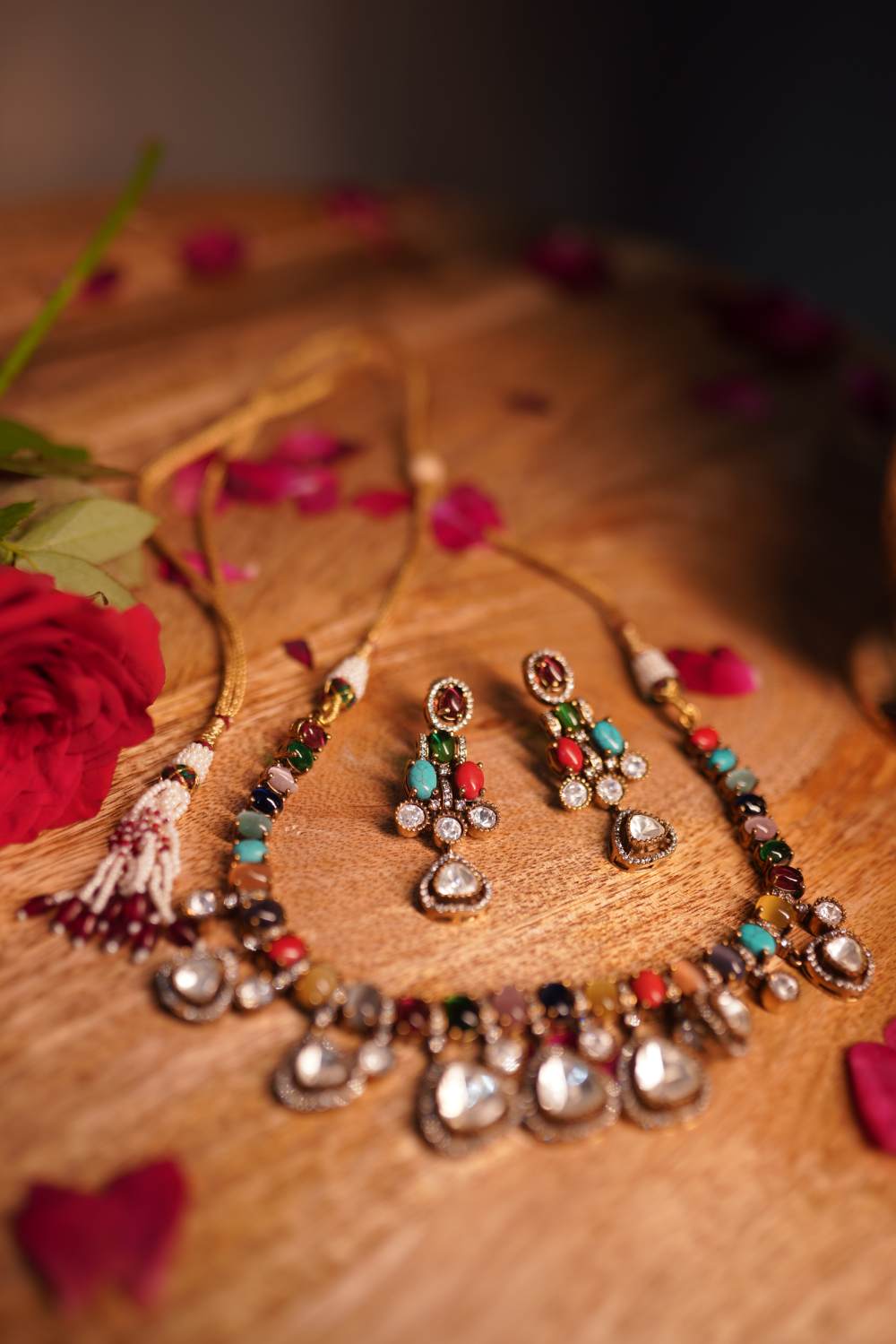 Heritage gemstone choker necklace with turquoise ruby and pearl