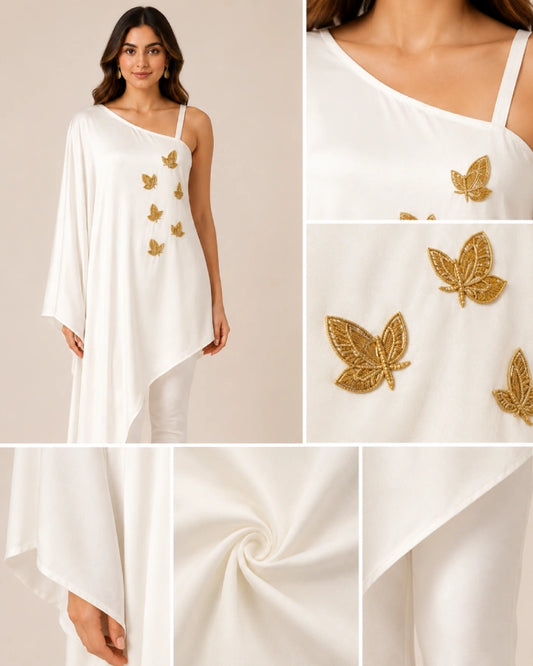 Ivory One-Shoulder Embellished Top Zoom View by Fashiyano