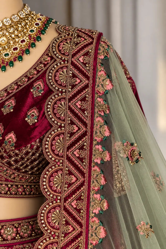 Royal Maroon & Antique Beige Embroidered Bridal Lehenga Set