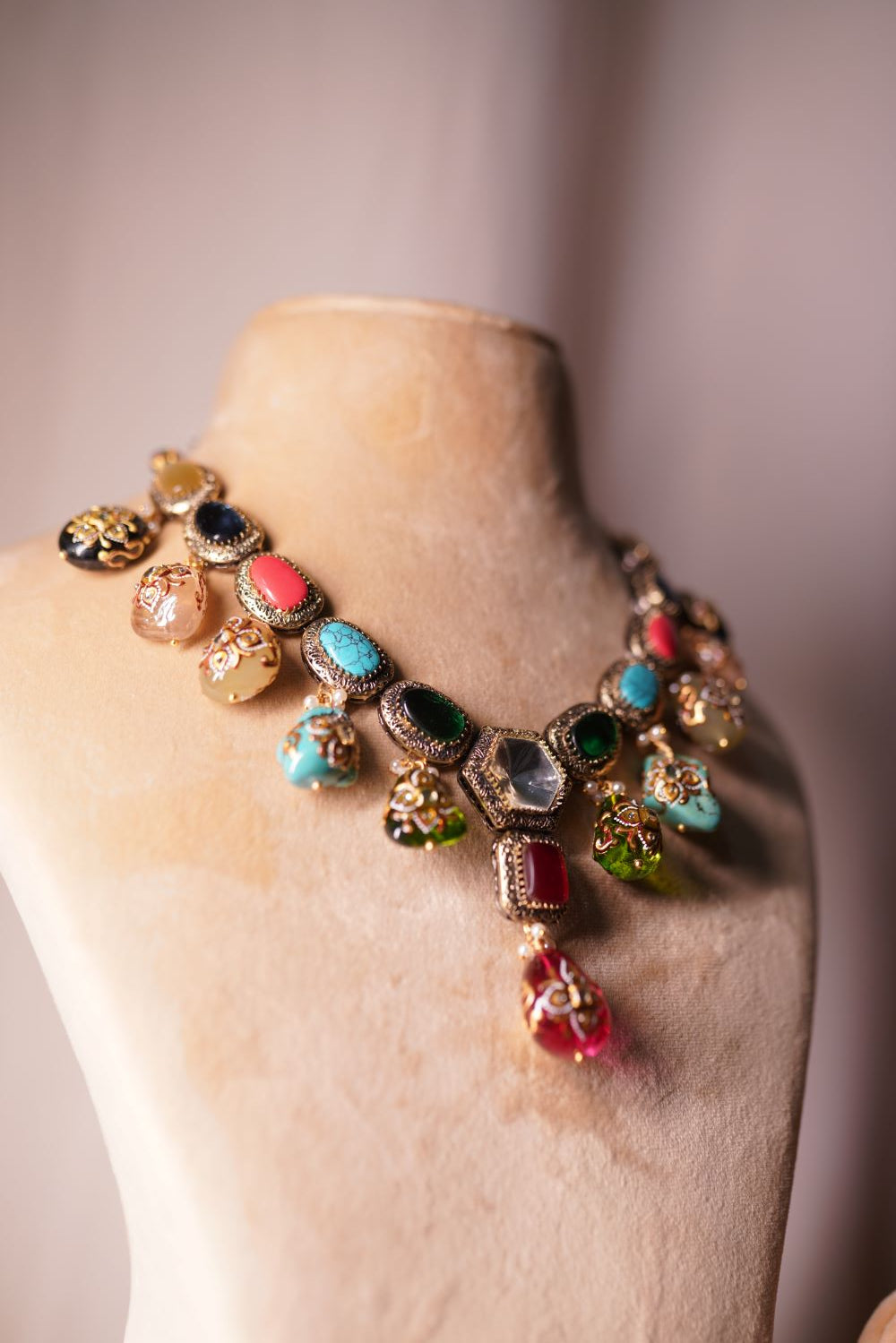 Multicolor choker necklace with ruby emerald turquoise and black gemstone accents