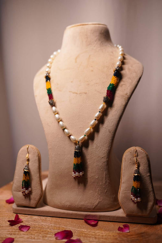 Multicolor pearl mala set with gemstone tassel pendant
