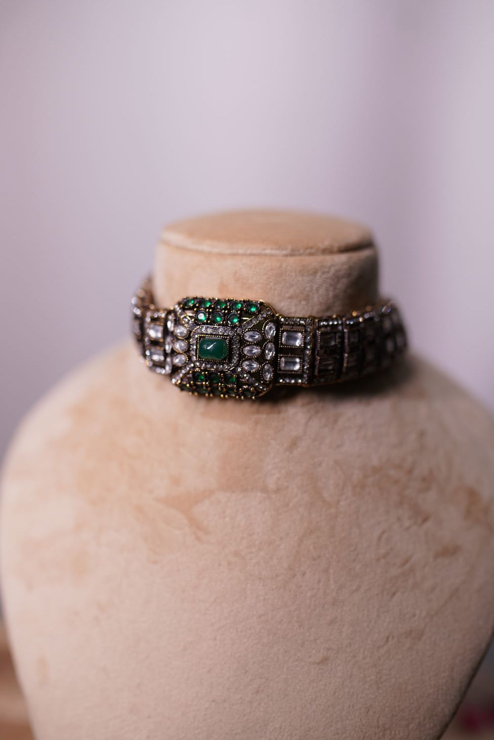 Oxidized silver necklace with green stone embellishments