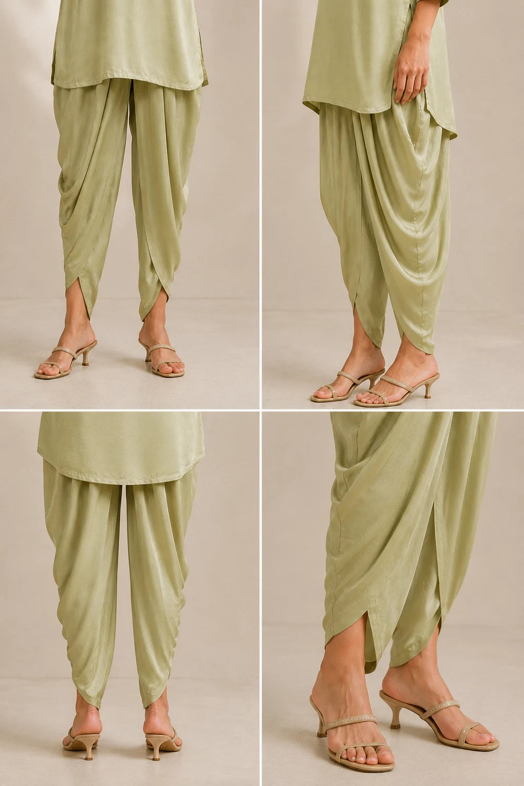 Tulip Draped Pants Detail View – Premium Crepe Fabric, Draped Pleats & Hem Close-Up by Fashiyano