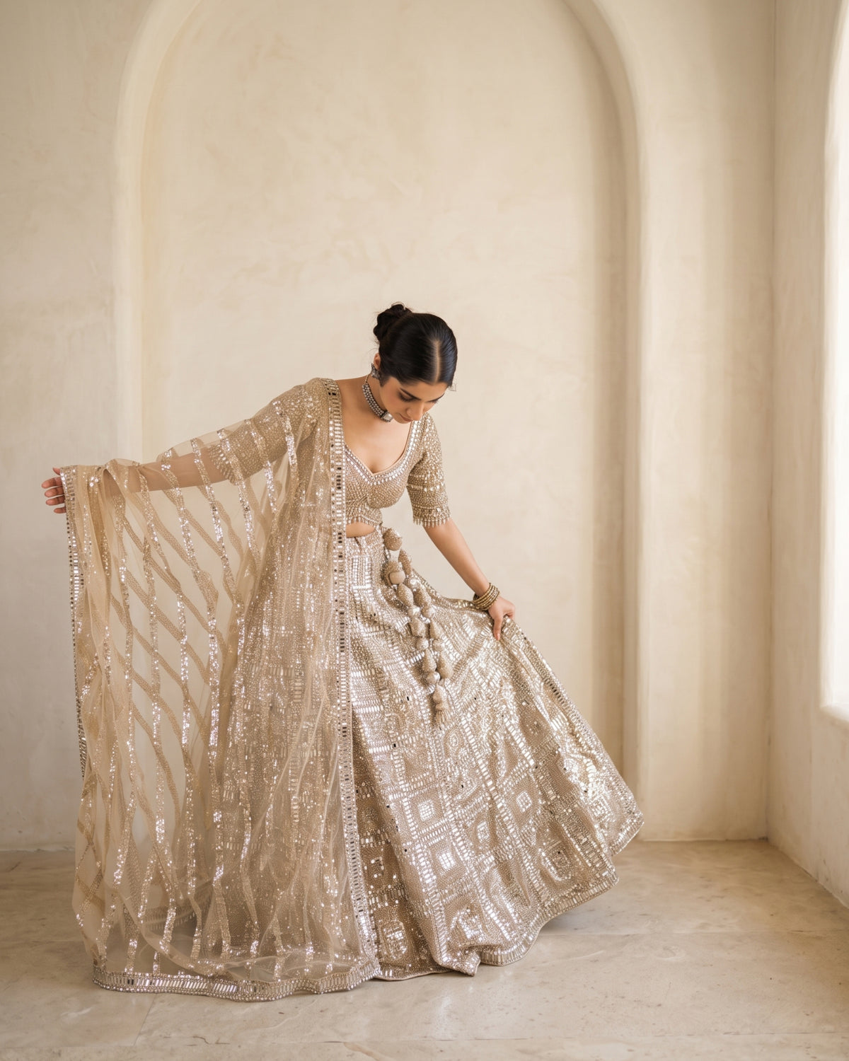 Champagne Gold Mirror Work Bridal Lehenga Set