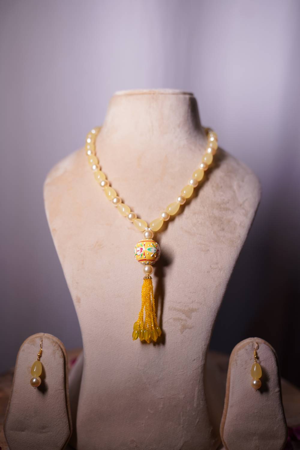 Yellow jade mala set with matching earrings and citrine tassel