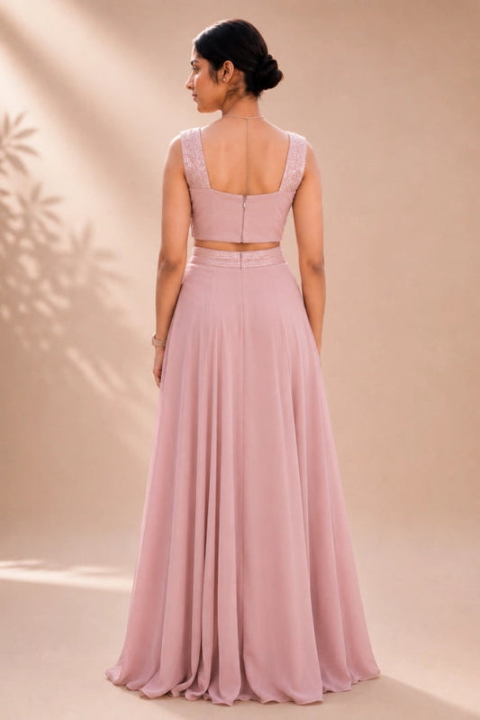 Back view of Fashiyano's Zeva Blush Sequin Drape Set showing the elegant drape and clean fit.