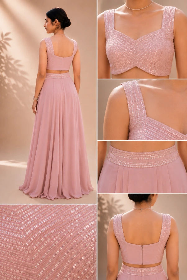 Close-up view of Fashiyano's Zeva Blush Sequin Drape Set showing the detailed sequin embroidery and fabric.