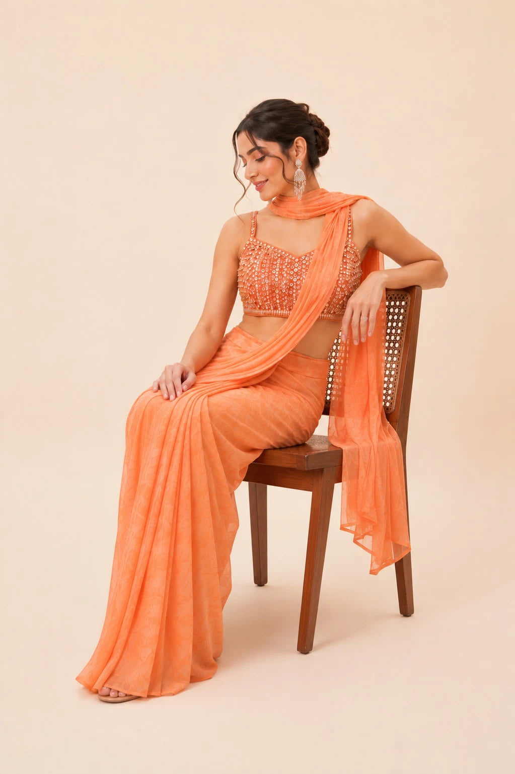 Zeva Peach Chiffon Pre Draped Saree by Fashiyano