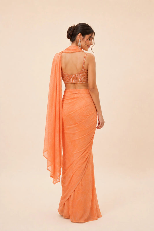 Zeva Peach Chiffon Pre Draped Saree Back View by Fashiyano