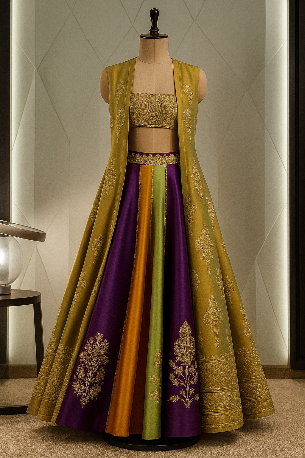 Indo-Western Hand Embroidered Silk Lehenga Set With Shrug