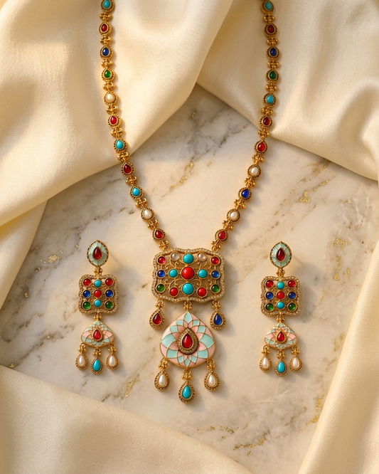 Antique Gold Navratan Pendant Necklace Set