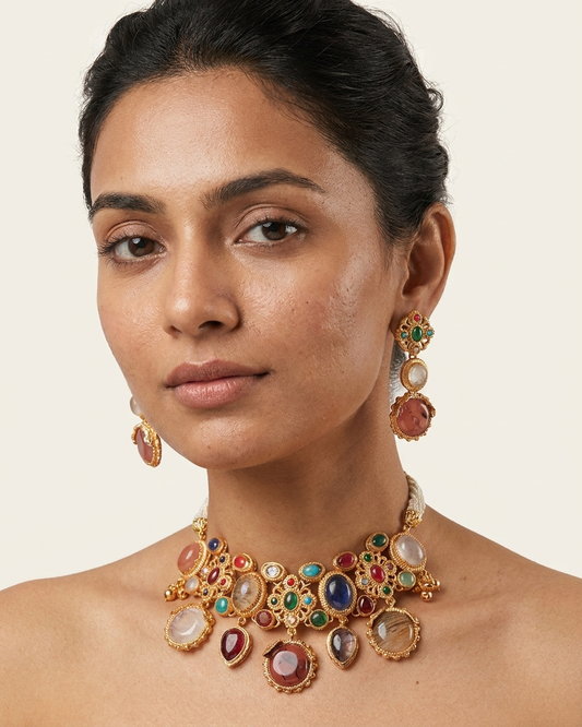 Gemstone Cluster Choker Necklace Set with Multicolor Stones