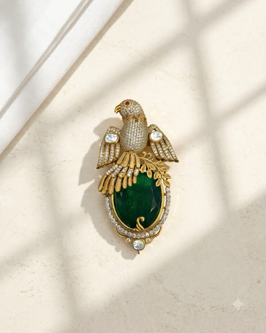 Royal Emerald Bird Kundan Brooch