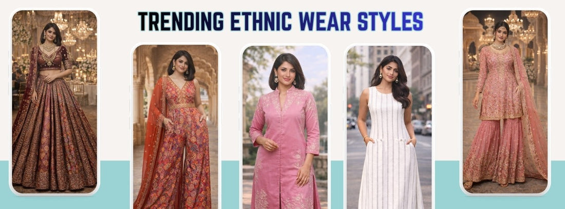 7 trending ethnic wear styles for women in 2026 including sharara set, anarkali suit, ethnic co-ord set, kurta palazzo set, lehenga choli, kaftan kurta set and ethnic jumpsuit for modern festive fashion.