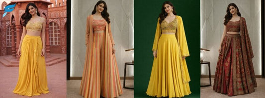 Indo-western outfits for weddings and parties by Fashiyano featuring modern fusion lehenga and gown styles