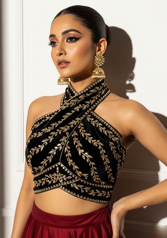 Intricately embroidered Fashiyano blouse with a deep V-neckline and hand-stitched zardosi work, designed to complement luxury Banarasi silk sarees