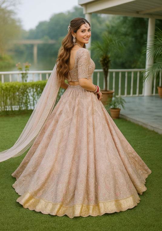 Exquisite Fashiyano bridal lehenga featuring heavy zardosi embroidery and a voluminous silhouette, designed for a premium wedding ensemble.