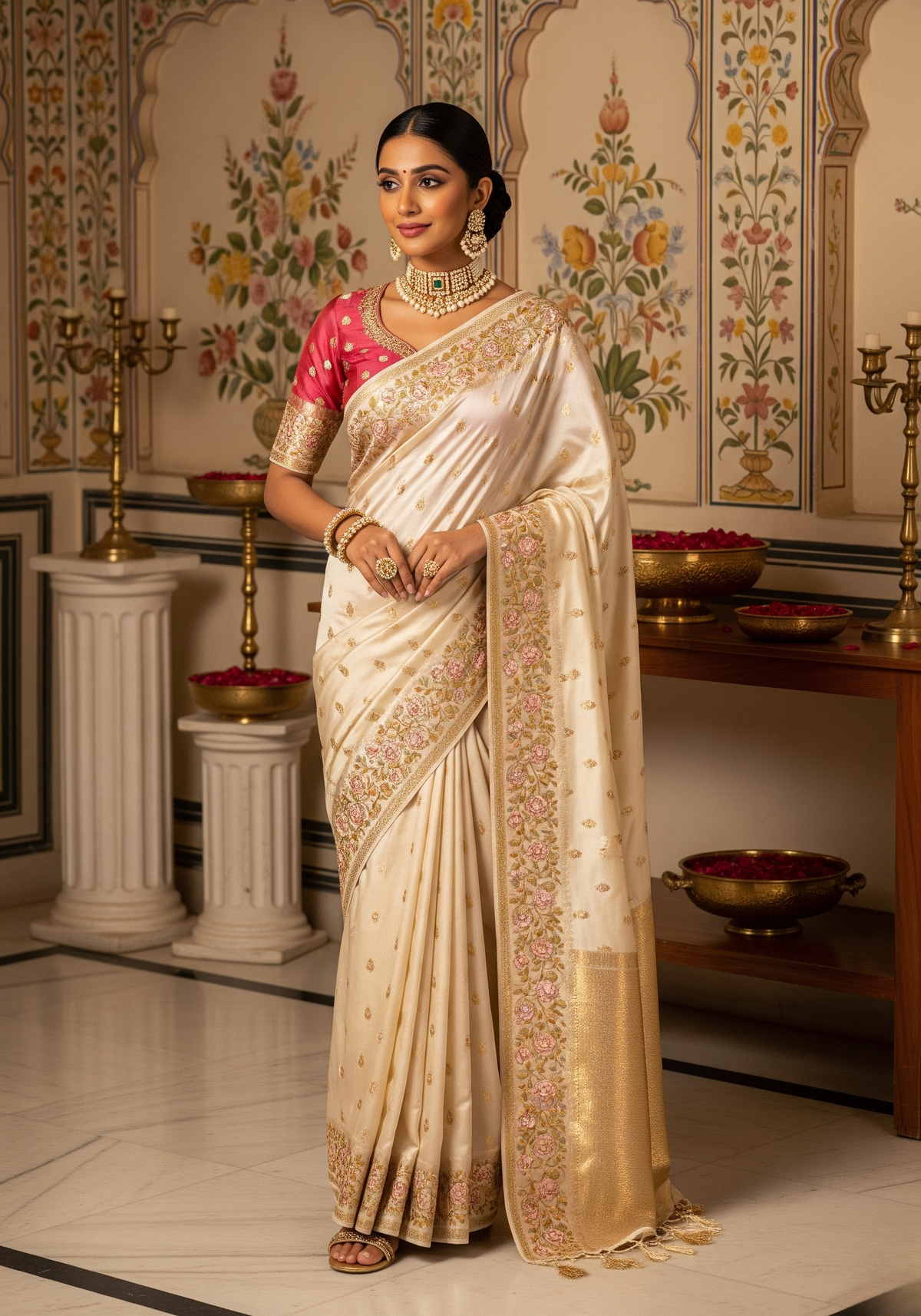 Elegant Fashiyano Banarasi silk saree with intricate gold zari borders and traditional floral motifs, styled for a luxury wedding look.