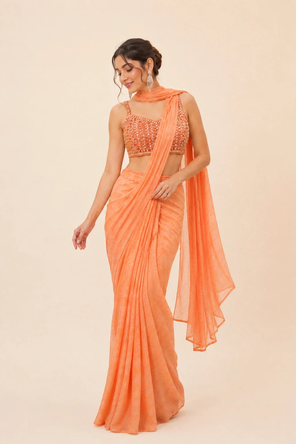 Zeva Peach Chiffon Pre Draped Saree Front View by Fashiyano