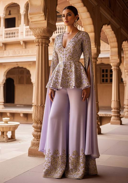 Fashiyano Indo-western fusion outfit featuring a modern silhouette with traditional Banarasi weave accents, blending contemporary fashion with ethnic heritage.