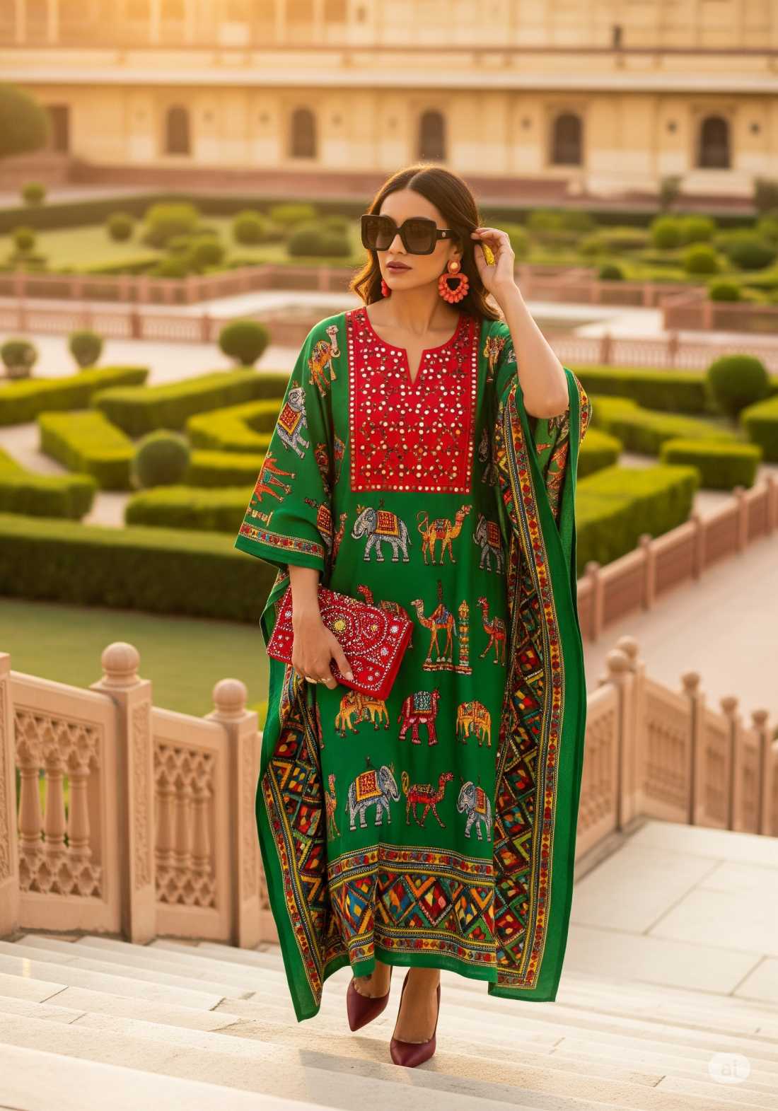 A stunning Fashiyano designer kaftan featuring a voluminous flared silhouette and vibrant hand-printed patterns, ideal for luxury resort wear or festive lounging.