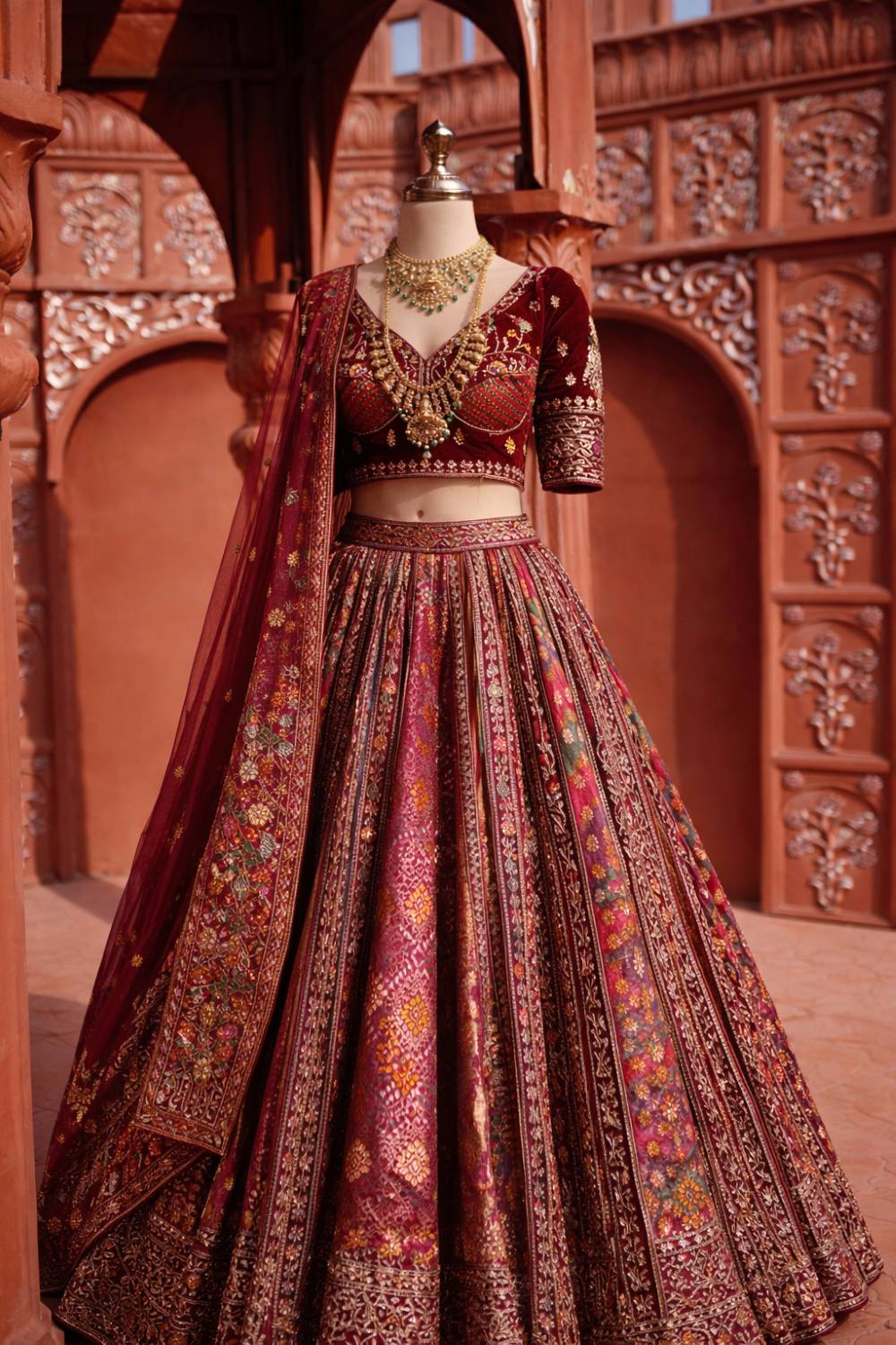 Heritage Maroon Bridal Lehenga 2026 with intricate Zardosi work.
