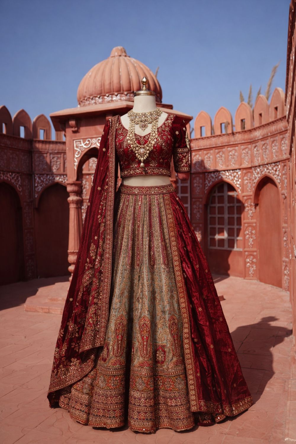 Royal Maroon and Beige Bridal Lehenga 2026 with heritage embroidery.