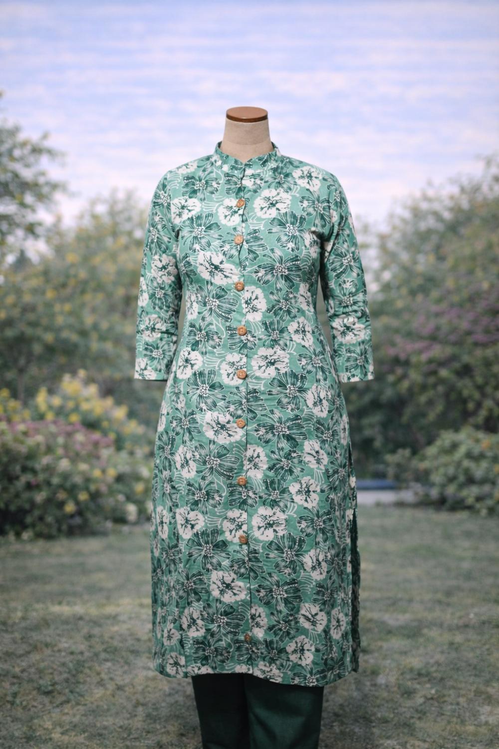 Sage Floral Ethnic Kurta Set
