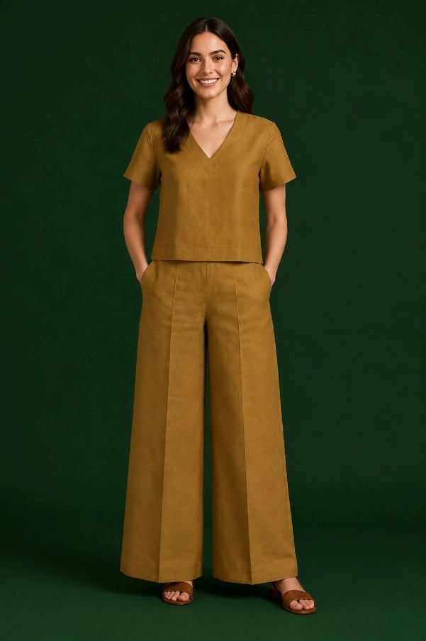 AIRA Mustard V-Neck Solid Top Front View – Elegant Women's Casual Top