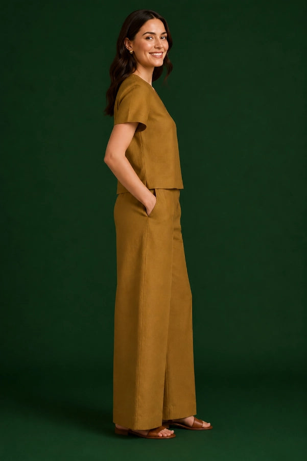 AIRA Mustard V-Neck Solid Top Side View – Modern Women's V-Neck Top