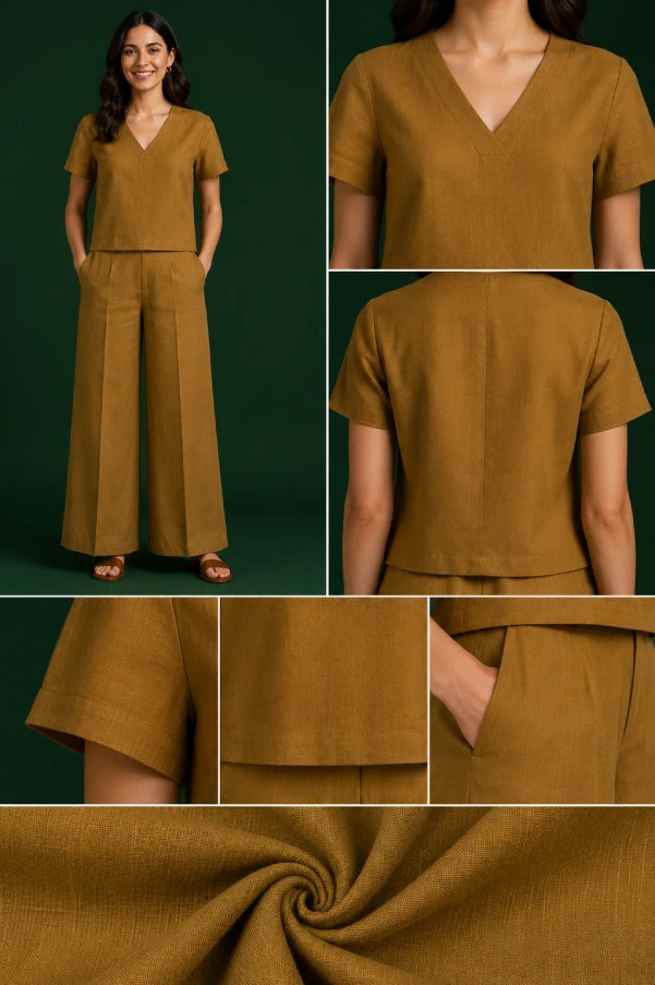 AIRA Mustard V-Neck Solid Top Fabric and Stitching Detail View