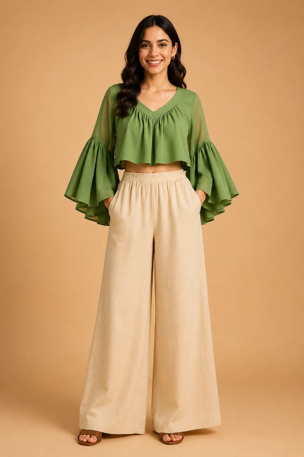 AIRA Olive Bell Sleeve Top Front View – Stylish Women's Statement Sleeve Top