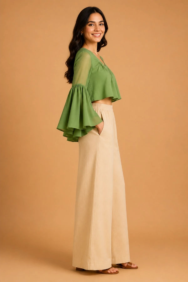 AIRA Olive Bell Sleeve Top Side View – Contemporary Bell Sleeve Women's Top