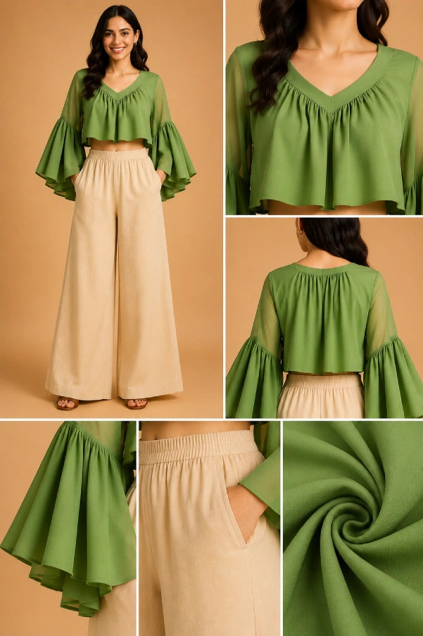 AIRA Olive Bell Sleeve Top Fabric and Bell Sleeve Detail View