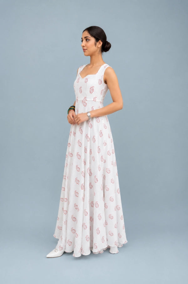 Aira Abstract Motif Dress Side View Showcasing Flowy Maxi Silhouette