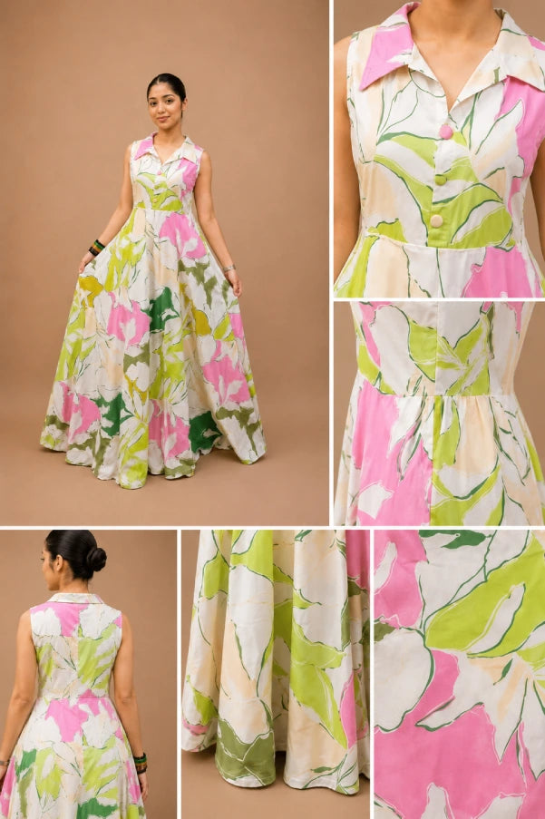 Close-up zoom of the premium high-grade fabric and intricate botanical print on the Aira Gown