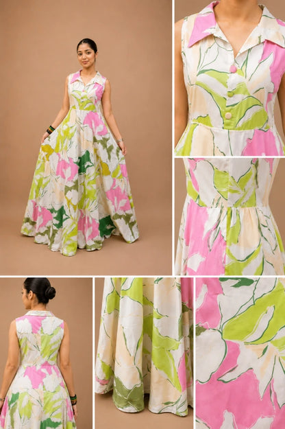 Close-up zoom of the premium high-grade fabric and intricate botanical print on the Aira Gown