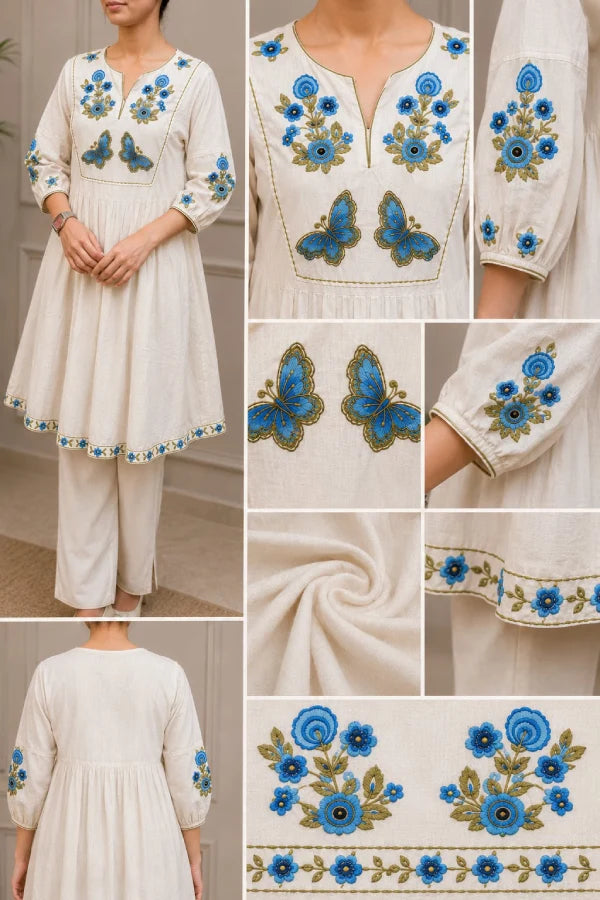 Close-up zoom of the premium fabric texture and clean stitching on the Aira Butterfly Tunic